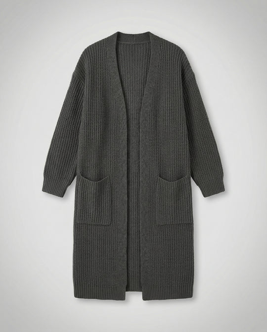 Damen Strickmantel mit Tiefem V-Ausschnitt und Seitlichen Eingrifftaschen EB