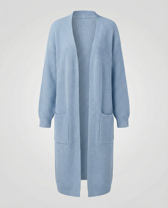 Damen Strickmantel mit Tiefem V-Ausschnitt und Seitlichen Eingrifftaschen EB