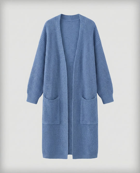 Damen Strickmantel mit Tiefem V-Ausschnitt und Seitlichen Eingrifftaschen EB