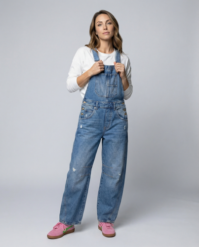 Damen Lässige Denim-Latzhose mit Weit geschnittenem Bein EB