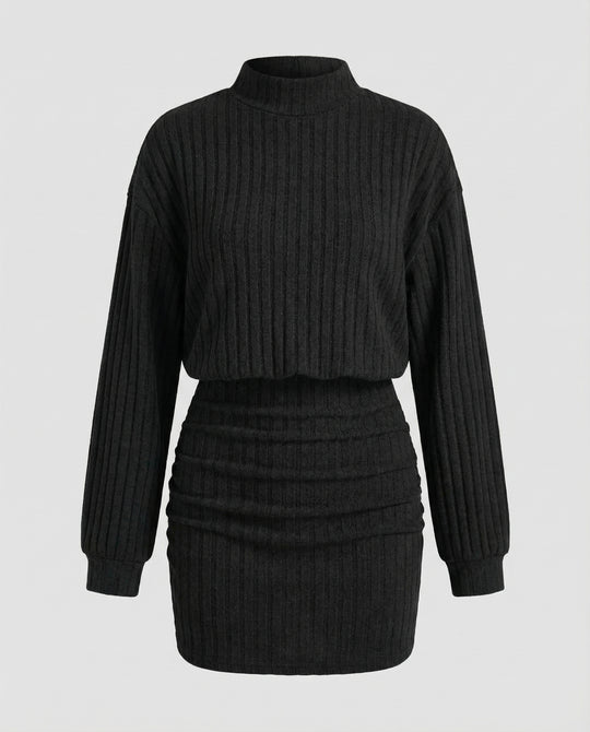 Damen Strickkleid mit hohem Kragen und Rippstruktur EB