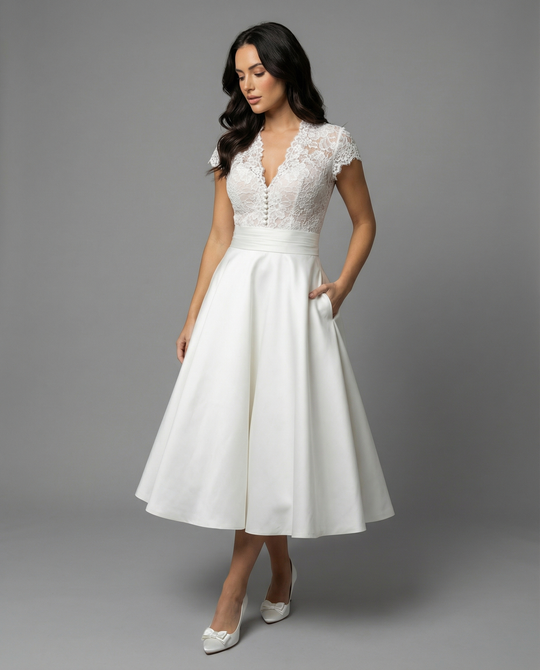 Damen Hochwertiges Hochzeitskleid mit Spitzendetails und schwingendem Rock EB