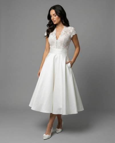 Damen Hochwertiges Hochzeitskleid mit Spitzendetails und schwingendem Rock EB