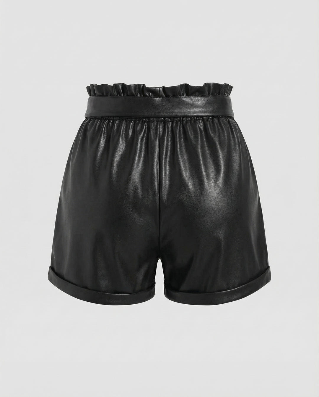 Damen Hochtaillierte Kunstleder Shorts mit Rüschentaille EB