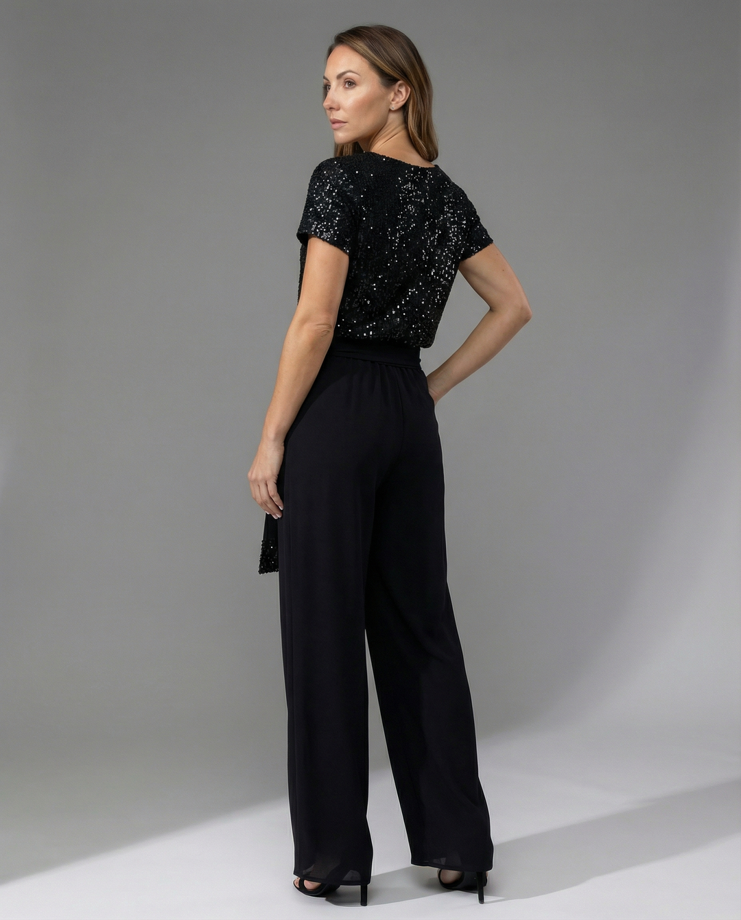 Damen Glitzernder Jumpsuit mit weitem Bein und Taillengürtel EB