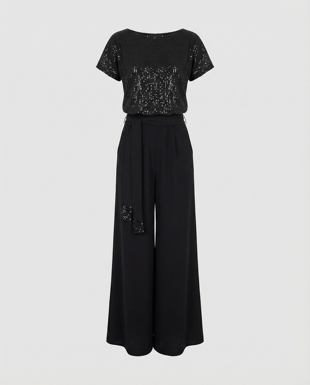 Damen Glitzernder Jumpsuit mit weitem Bein und Taillengürtel EB
