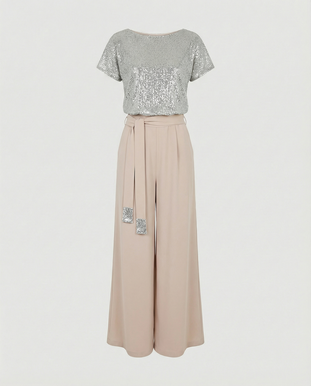 Damen Glitzernder Jumpsuit mit weitem Bein und Taillengürtel EB
