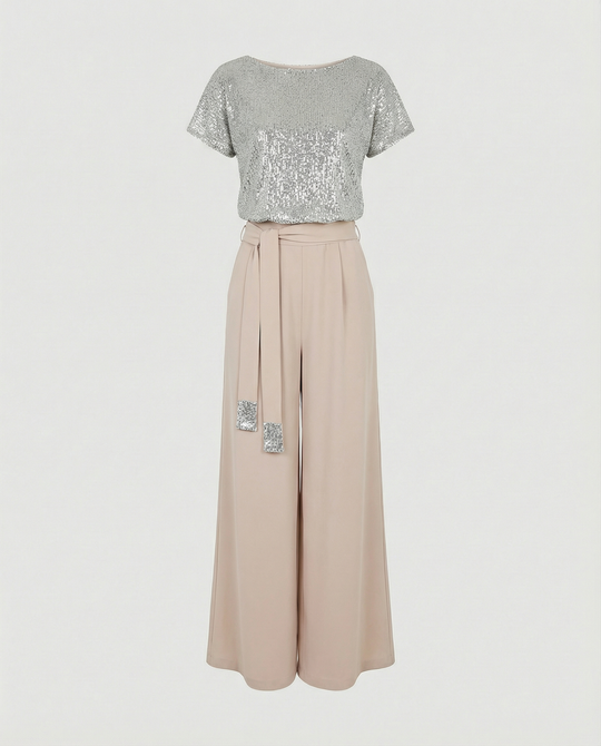 Damen Glitzernder Jumpsuit mit weitem Bein und Taillengürtel EB