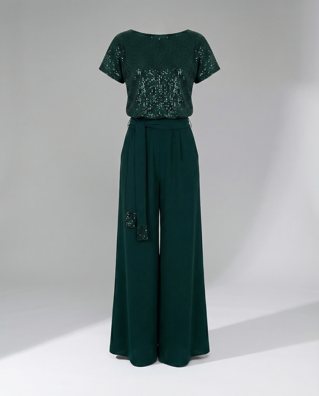 Damen Glitzernder Jumpsuit mit weitem Bein und Taillengürtel EB