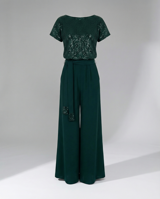 Damen Glitzernder Jumpsuit mit weitem Bein und Taillengürtel EB