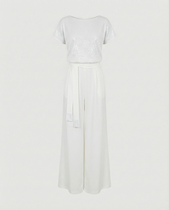 Damen Glitzernder Jumpsuit mit weitem Bein und Taillengürtel EB