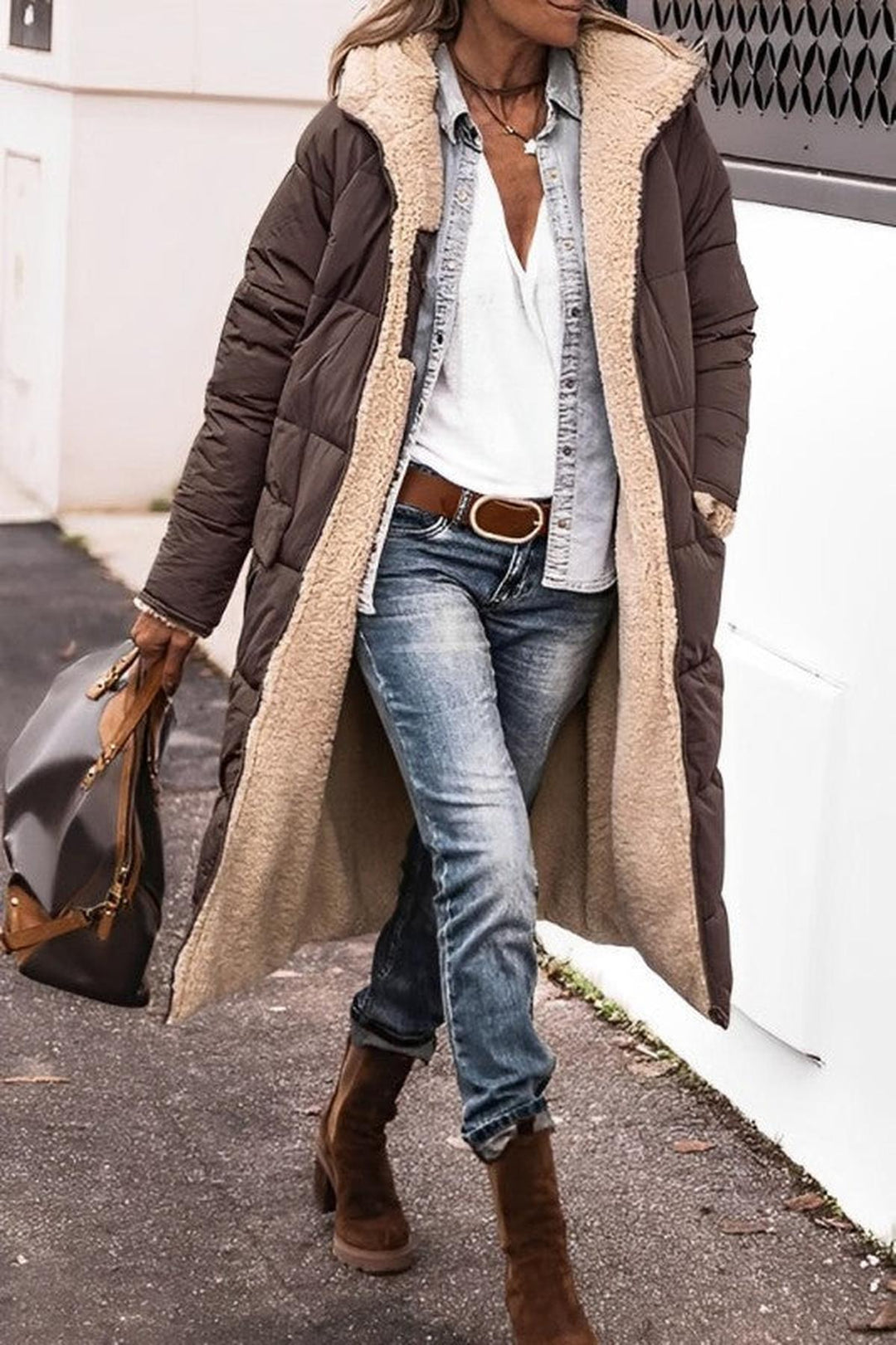 EB | Langer Damenmantel Winter - Teddy-Futter