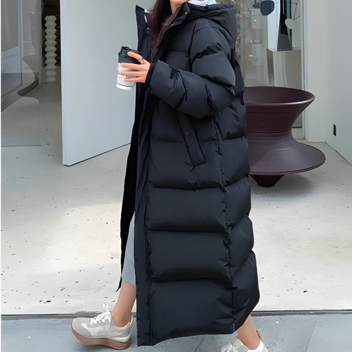 EB | Pufferjacke mit schrägen Taschen, Reißverschluss, Kapuze und langem Schnitt mit dicken Taschen