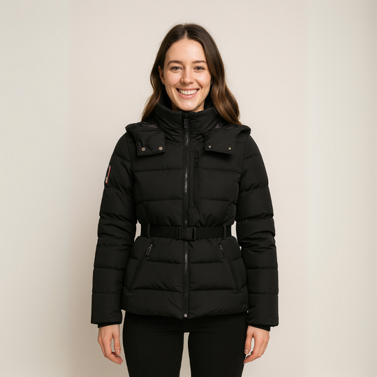 EB | Damen Schwarze Pufferjacke mit Gürteltaille und Hohem Kragen