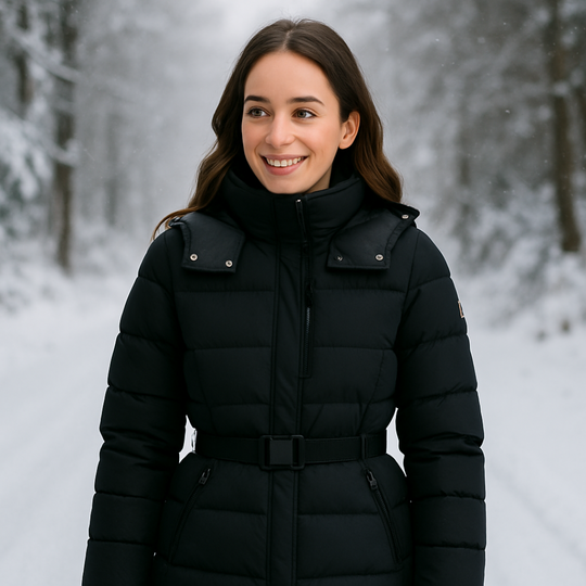 EB | Damen Schwarze Pufferjacke mit Gürteltaille und Hohem Kragen