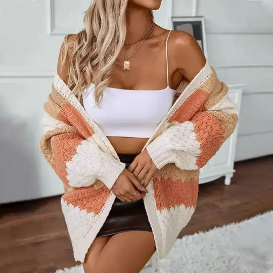 EB | Damen Strickcardigan mit Farbblöcken und offener Vorderseite