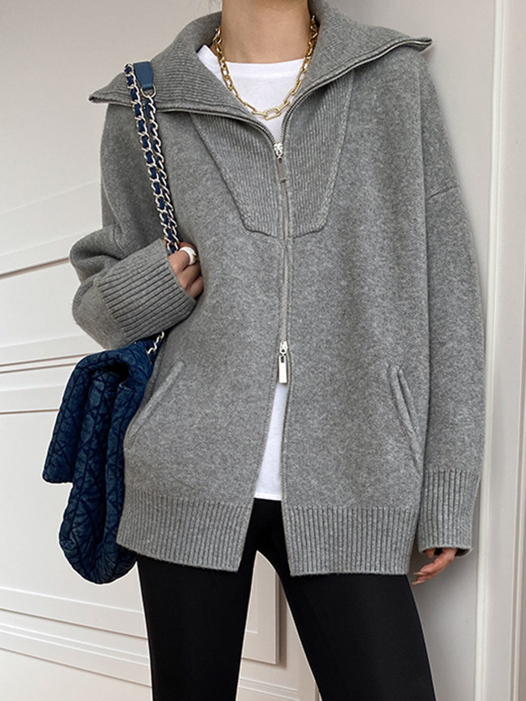 EB | Damen Übergröße Strickjacke mit offenem Kragen und langen Ärmeln