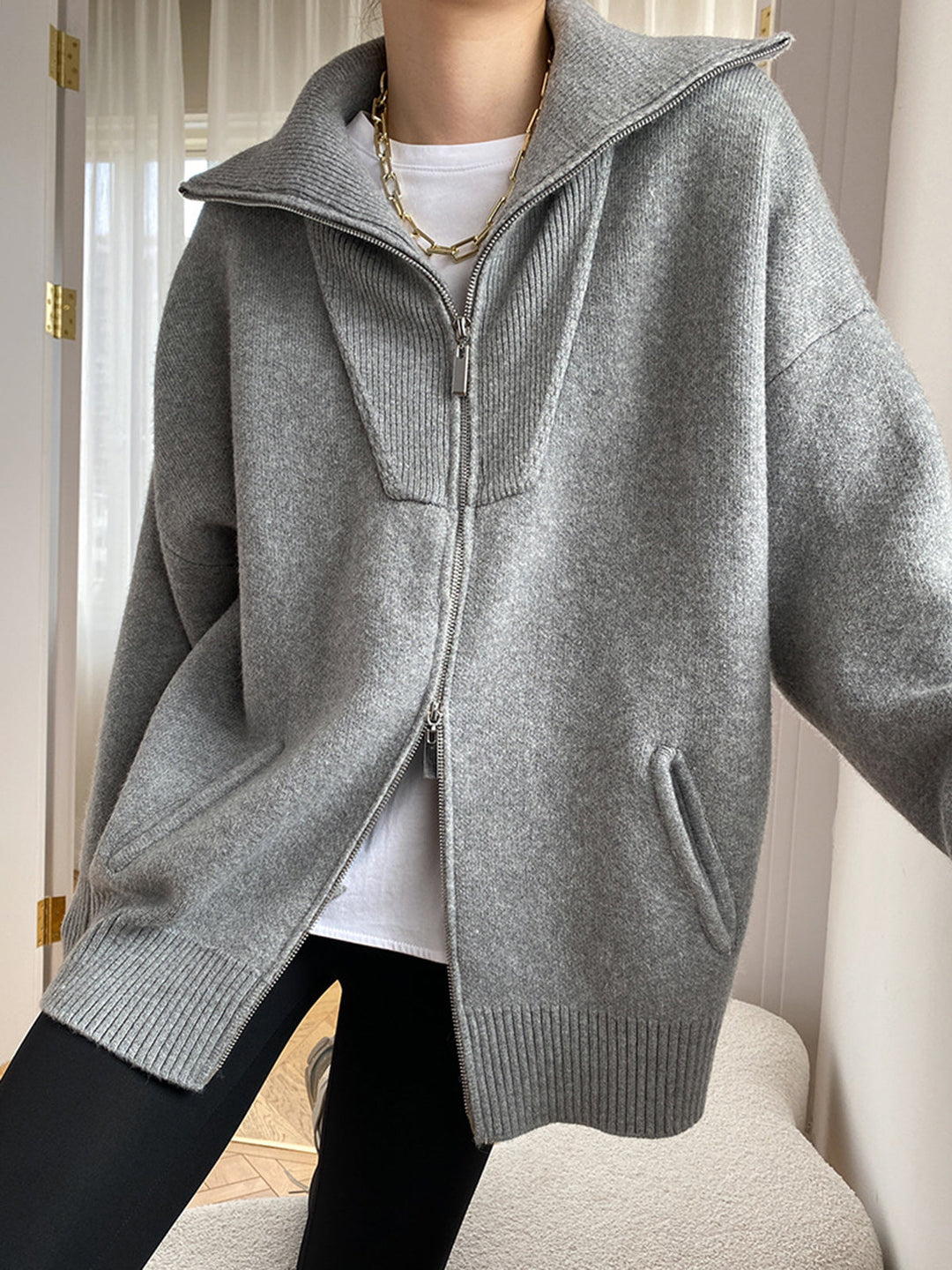 EB | Damen Übergröße Strickjacke mit offenem Kragen und langen Ärmeln