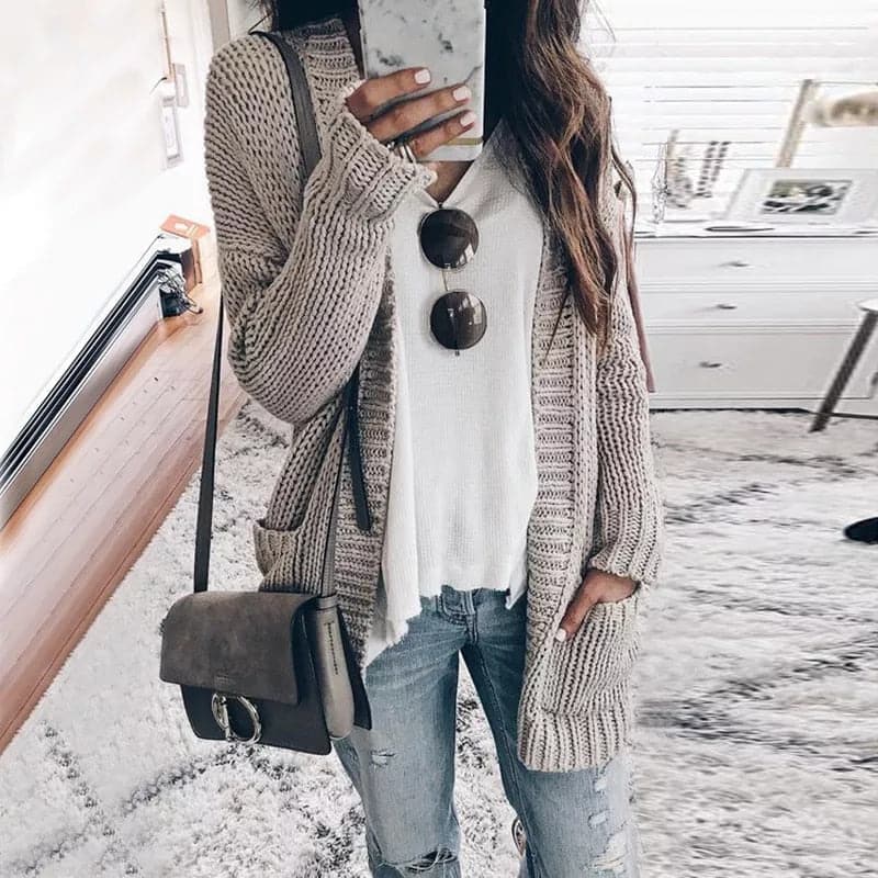 EB | Strickjacke Gestrickt Offene Vorderseite Entspannt Passform mit Taschen