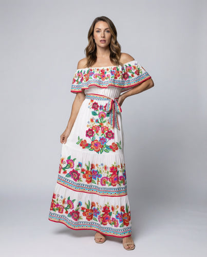 Damen Off-Shoulder Maxikleid mit floralen Mustern und elastischem Taillengürtel EB