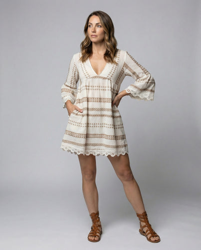 Damen Sommerliches Tunika-Kleid mit V-Ausschnitt und Spitzenbesatz EB
