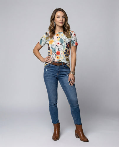 Damen Blumenmuster T-Shirt mit kurzem Arm und weichem Material EB