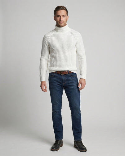 Herren Grobstrickpullover mit hohem Kragen und strukturiertem Muster EB