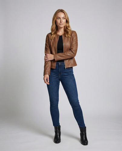 EB | Leder-Bikerjacke für Damen mit langen Ärmeln Übergangsjacke lässig monochrom