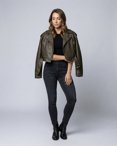 EB | Übergroße Cropped Bikerjacke Aus Kunstleder mit Gürtel