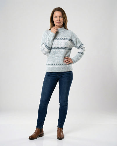 EB | Sweater Wolle Strick Relaxed Passform Schneeflocken Muster Lange Ärmel