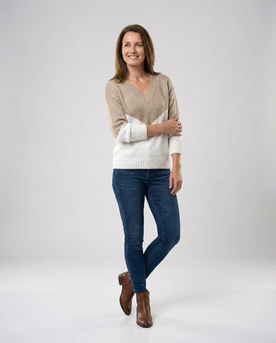 EB | Sweater Wollmischung Entspannt Passform V-Ausschnitt Gestreift Gerippte Kanten