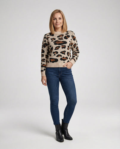 EB | Stylischer Pullover mit Farbblockierung, Leopardenmuster und Rundhalsausschnitt