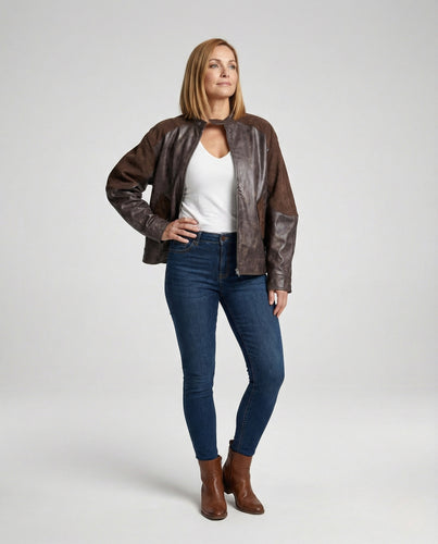 Damen modische Lederjacke mit elastischen Ärmeln