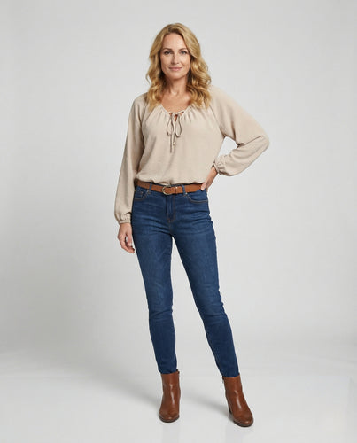 Damen Bluse Leinenoptik Ballonärmel