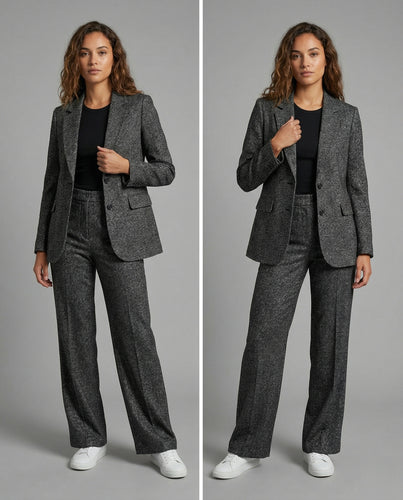 Eleganter Bouclé-Hosenanzug mit asymmetrischem Blazer und weitem Bein EB