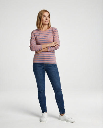 Damen Weißer Strickpullover Slim Fit gestreiftes Langarmshirt aus feinem Baumwolljersey mit Rundhals und schmaler Silhouette EB
