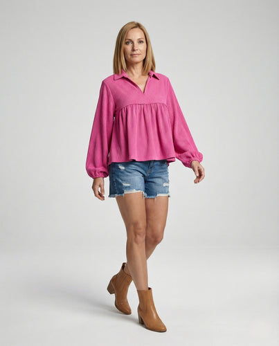Bluse Damen Waffel Ballonärmel