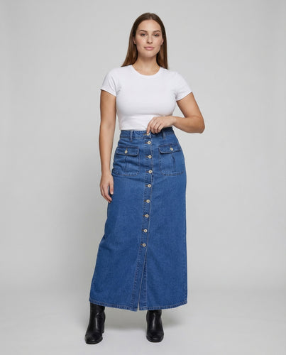 Maxirock Damen Jeans Knöpfe