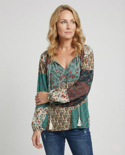 Boho Patchwork Bluse Damen Quasten V-Ausschnitt