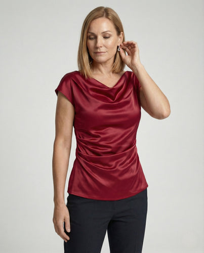 Drapierte Satinbluse Damen Wasserfall Ausschnitt
