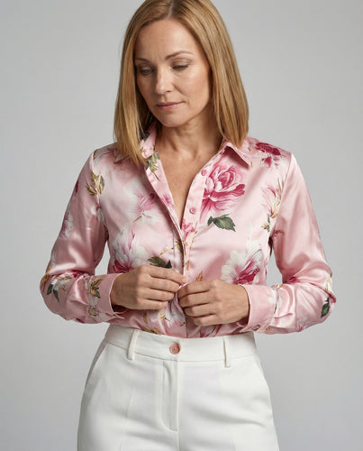 Satin Hemdbluse Damen Blumenmuster Tailliert