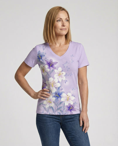 Kurzarmshirt Damen V-Ausschnitt Blumenprint
