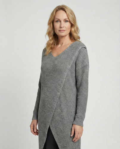 Damen Langer Strickpullover mit Wickelfront