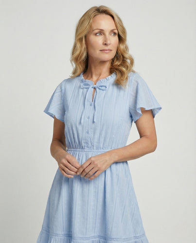 Damen Stufenkleid mit Rüschenkragen und Lochstickerei