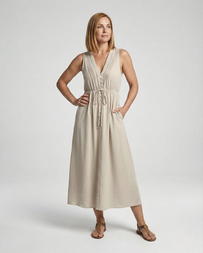 Damen Ärmelloses Maxikleid mit Bindeband und Zierknöpfen