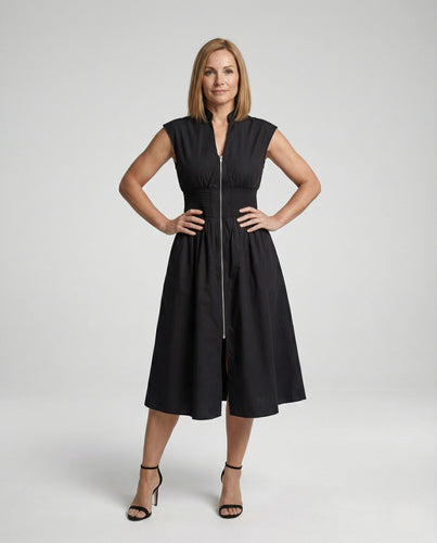 Damen Midikleid mit Frontreißverschluss und Smok-Taille