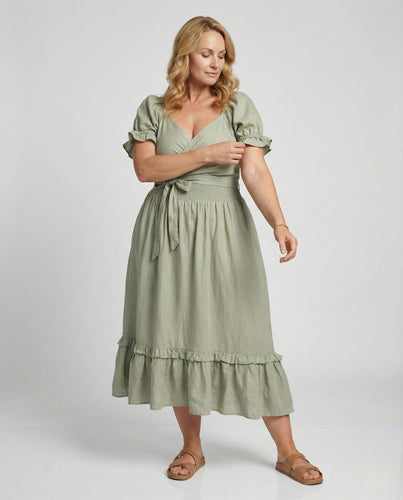 Damen Midikleid mit Knotenfront und Puffärmeln