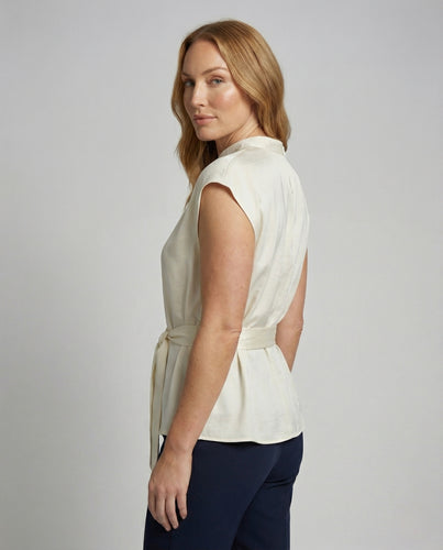 Damen Satin Schärpenbluse mit Stehkragen