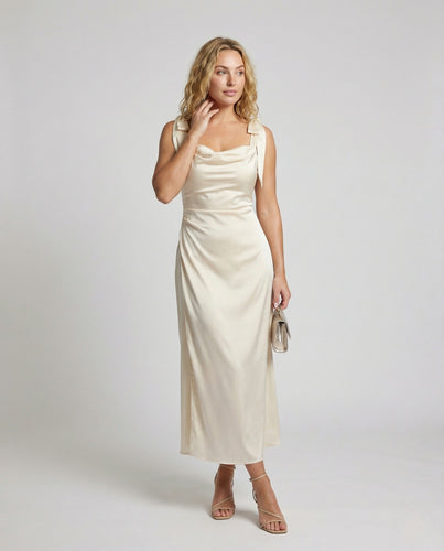 Damen Satin Abendkleid mit Wasserfallausschnitt