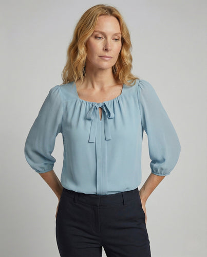 Damen Satin Schluppenbluse mit 3/4 Ballonärmeln